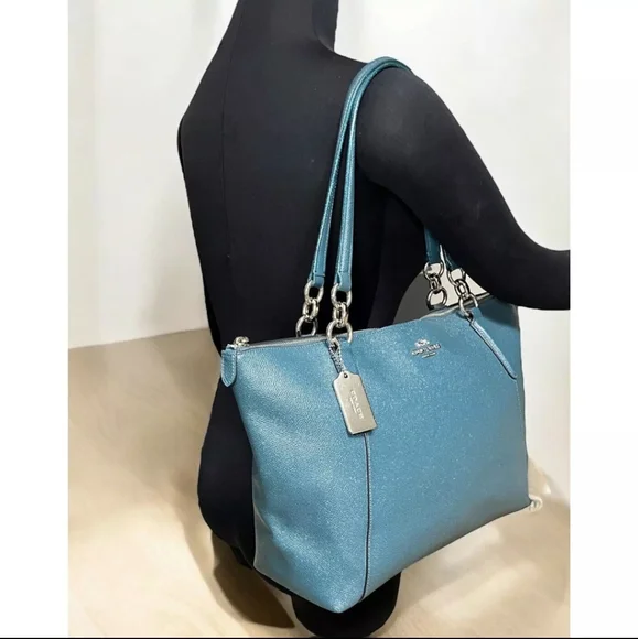 *SOLD* Coach Ava Teal Metallic Glitter Leather Bag Tote Peacock Aqua - Picture 8 of 12